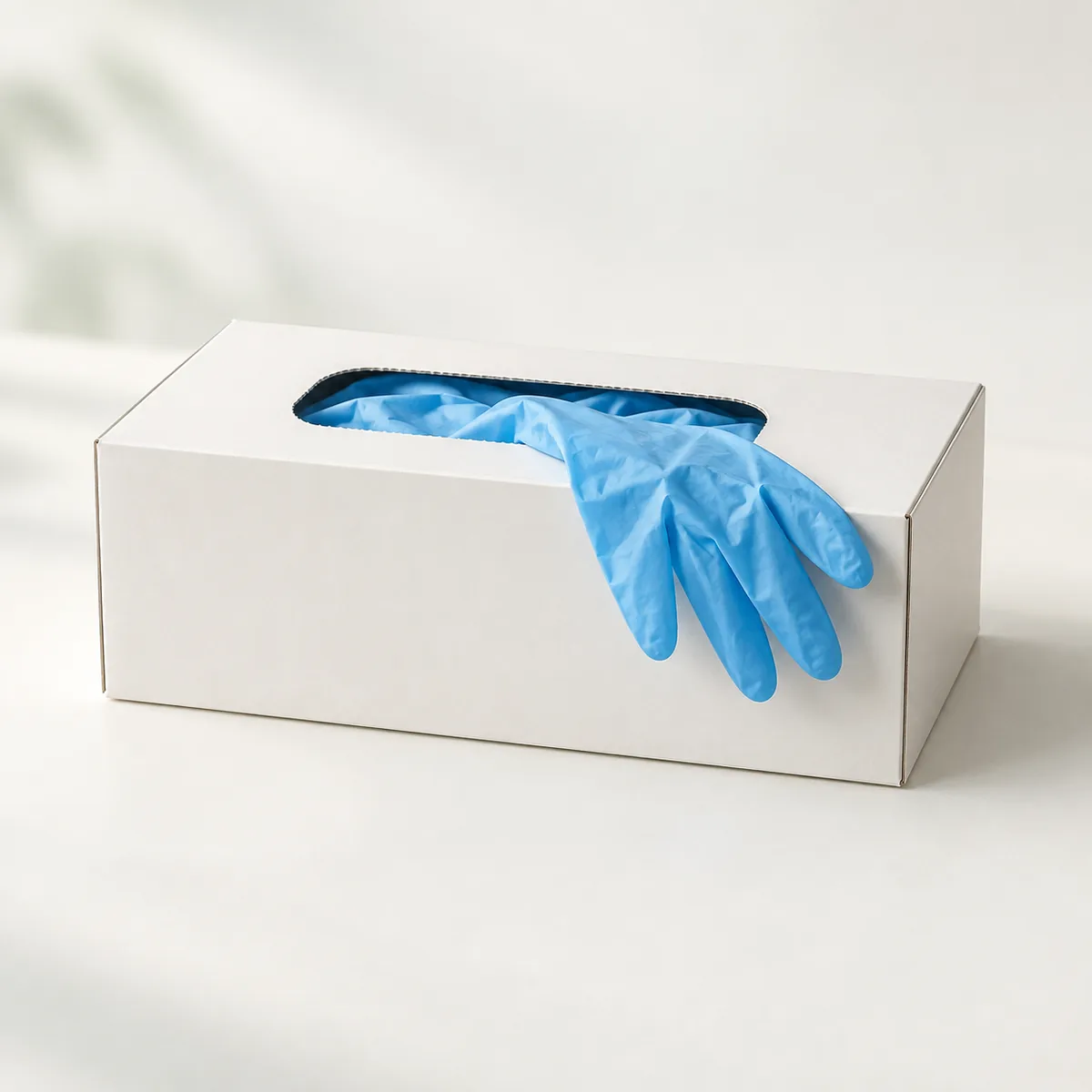 Weiße Einmalhandschuhe in geöffneter Verpackung